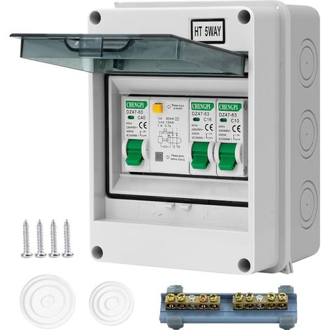 Boîte Coffret Electrique Etanche,Boîtier de Distribution avec Rangée de Cuivre,Disjoncteurs électriques 40A CA,Sectionneur 10A+16A CA pour Maison/Bureau,Montage sur Rail 35mm