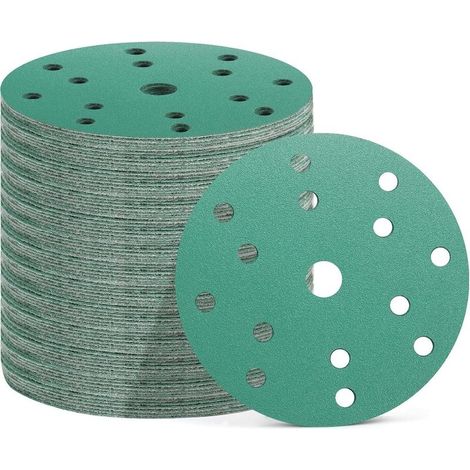 Lot de 50 disques abrasifs 150 mm – 15 trous – Assortiment grains 60/80/120/180/400 – Pour ponçage bois dur et métal (1/5)