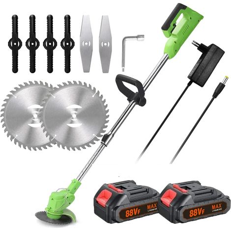 Coupe-bordures sans fil 21 V, 2 batteries 2,0 Ah + chargeur, 3 types de lames, outil de jardinage pour couper les bordures de pelouse, vert (1/5)