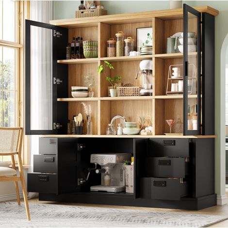 Armoire de cuisine haute en MDF noir, 140 x 40 x 185 cm, 6 tiroirs, portes vitrées, rangement structuré et anti-basculement (1/5)