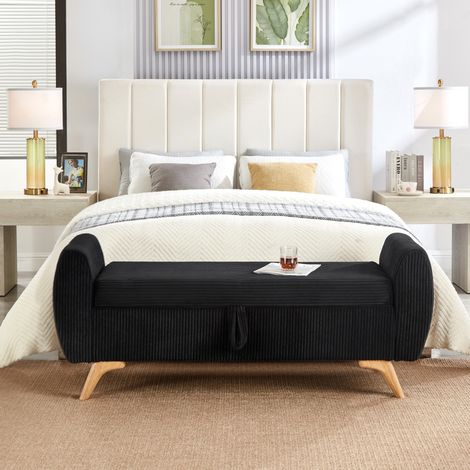 Panca contenitore pieghevole in velluto a coste 145x51x57 cm, nera, con gambe in legno OKMYHOME (1/5)