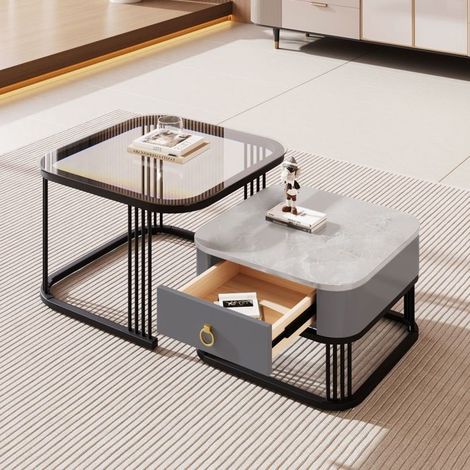 Table basse, plateau verre trempé et effet marbre, table basse salon, piètement métal noir, rangement intégré (1/5)