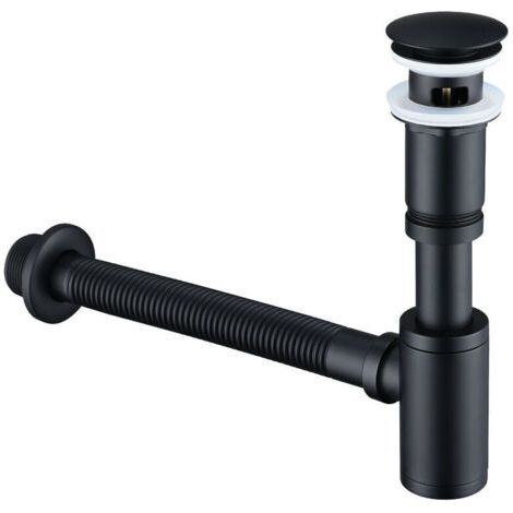 Bonde de lavabo pop-up noir mat Ø44-46mm – Siphon en acier inoxydable – Drain à ressort – Hauteur 16cm – Montage facile sans outil