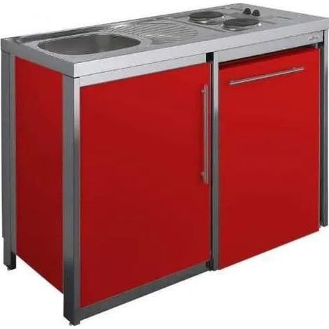 Küchenzeile mit Kochplatte und Kühlschrank METALLINE 120cm, karminrot pulverbeschichtet (1/5)