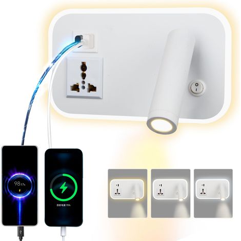 Lampe murale LED de lecture 12W avec prise universelle, double port USB-C, interrupteur réglable, pivotante, gradation tricolore (Blanc rectangulaire)