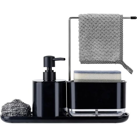 Distributeur de liquide 5 en 1, ensemble de savon de cuisine, organisateur de vaisselle noir pour évier