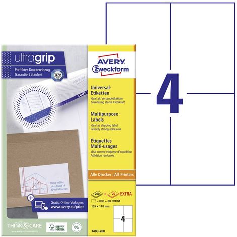 Avery-Zweckform 3483-200 Etichetta universale 105 x 148 mm Carta Bianco 880 pz. A tenuta permanente Stampante a getto d (1/5)