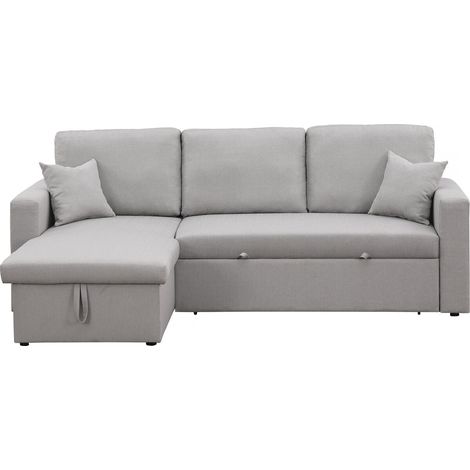 Habitat Et Jardin – Canapé d'angle convertible 3 places avec coffre – Lin gris clair – Structure en bois d'eucalyptus – Rembourrage mousse recyclée 50kg/m3 (1/4)