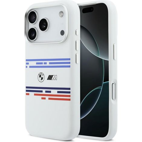 Coque BMW M en silicone à lignes horizontales MagSafe pour iPhone 17 Pro blanche (1/5)