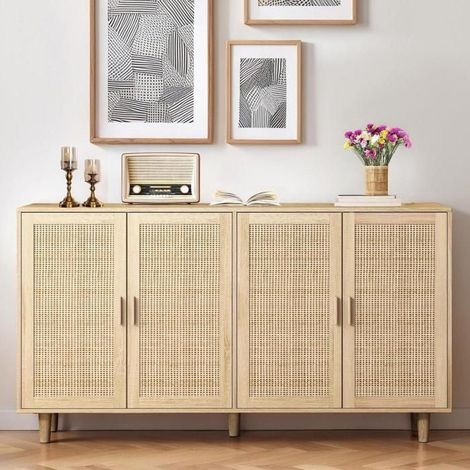 Grande armoire de rangement - KOMHTOM - 158x40x88 cm - 4 portes en rotin - Étagère réglable 3 niveaux - Pieds bois massif (1/5)