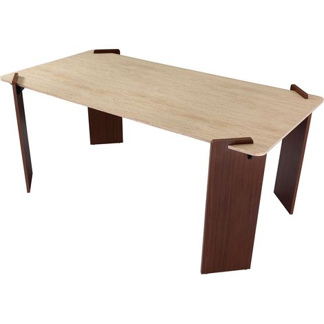 Table à manger au design Art Déco Cezanne 80x190cm Effet travertin Beige et Bois foncé