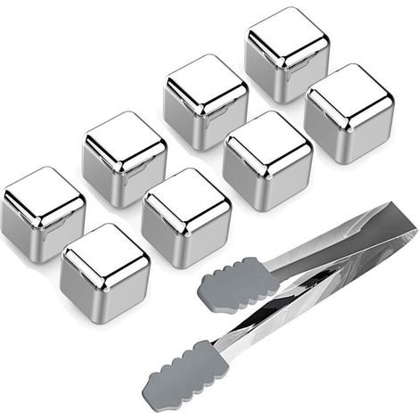 Glaçons en acier inoxydable réutilisables Whisky Chilling Rocks Ensemble de 8 glaçons en métal avec pinces et plateau de rangement pour congélateur pour refroidisseur de vin de bière (1/5)