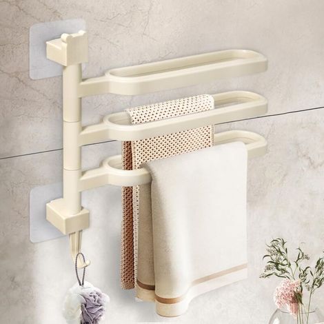Porte-serviettes pivotant, porte-serviettes autocollant en ABS avec crochets pour salle de bain cuisine, trois bras beige (1/5)