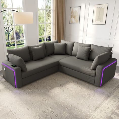 Canapé d'Angle 5 Places en L - 198x198x83 cm - Canapé Moderne avec LED Bluetooth et Ports USB de Charge - Velours Côtelé Gris (1/5)