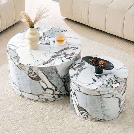 2 runde Couchtische 62,8 x 35 cm aus weißem MDF mit Stauraum für kleine Wohnzimmer – MEUBLIV (1/5)