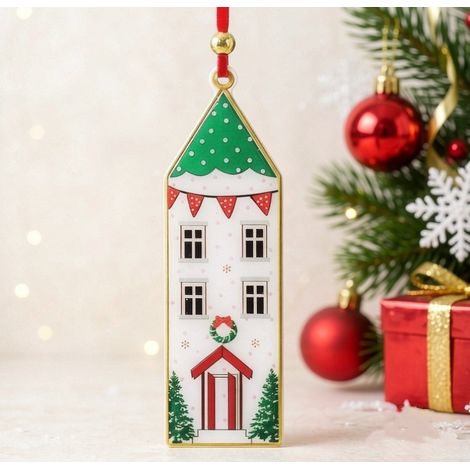Ornement suspendu maison de Noël décorée de guirlandes, 15 cm (1/3)