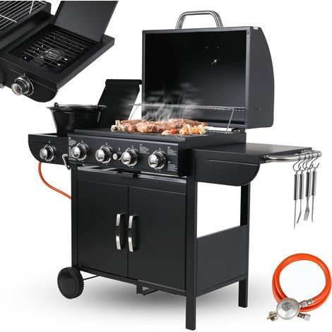 4+1 Brenner Gasgrill mit Seitenkochfeld,BBQ Grillwagen mit 2 pcs Rad, Hochleistungsbrenner,Impulszünd,Grillküche,4/2.93KW + 2.33KW,Schwarz (1/5)