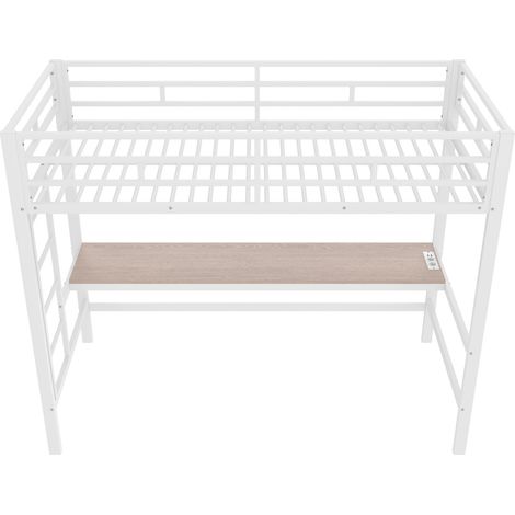 Lit mezzanine 90 x 200 cm en métal blanc avec bureau, échelle, garde-corps, LED et ports USB (1/5)