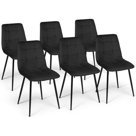 Idmarket – Lot de 6 chaises en velours noir – Dossier haut 88 cm – Assise confortable 45 cm – Pieds en métal noir – Design moderne pour salle à manger