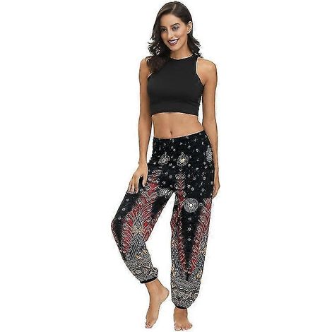 Pantalon harem pour femme, pantalon de yoga bohème taille haute avec poches (1/5)
