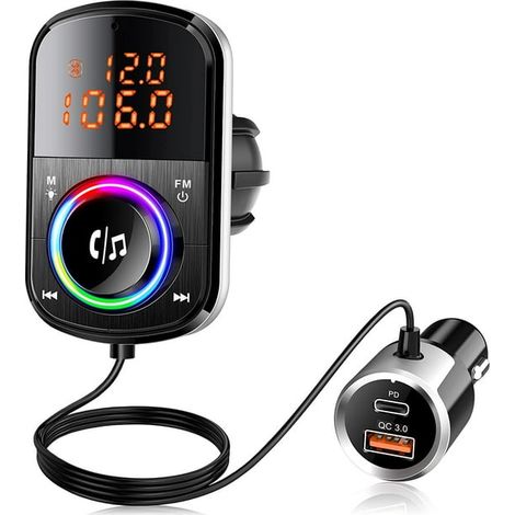 Émetteur FM Bluetooth pour voiture, adaptateur autoradio Bluetooth 5.0 PD18W et QC3.0 avec double port de charge rapide, kit mains libres audio FM sans fil, lecteur MP3 et carte TF. (1/5)
