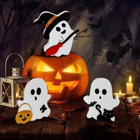 3 Pièces Halloween Bois Ghost Decorations,Halloween Fantôme Decoration Bois Beau,Citrouille,Bai,Chat Noir,Ornements DECORS DE TABLE (1/5)