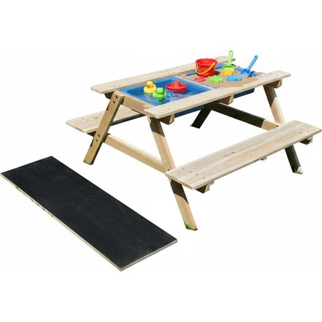 Table-bancs Enfants Bois 3-en-1, Table de Jeu Cuisine Pique-Nique Ardoise, 48,5x89x85 cm, Naturel (1/5)
