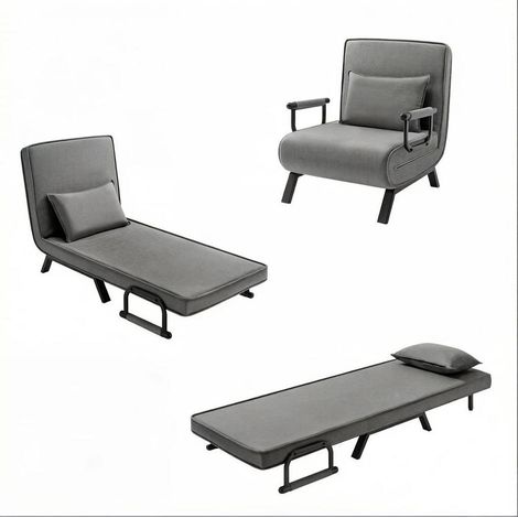 Fauteuil convertible multifonction avec couchage, tissu lin gris foncé, cadre métal, dimensions 80x74x82 cm (fauteuil) / 190x74x26 cm (lit) (1/5)