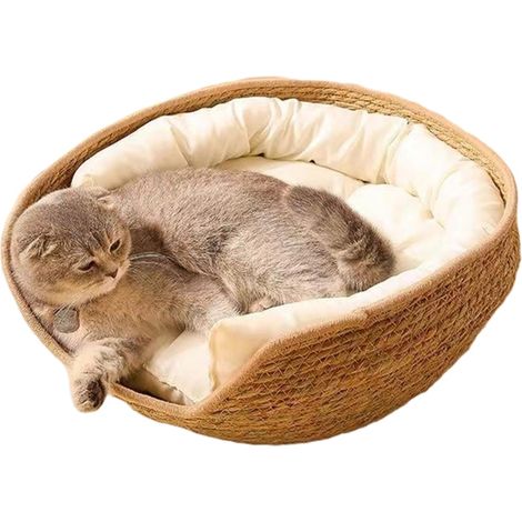1 - Lit Pour Chat - Panier Rond En Rotin - Coussin En Coton Lavable Résistant Aux Rayures Pour Intérieur Maison Khaki Et Blanc 43x43cm