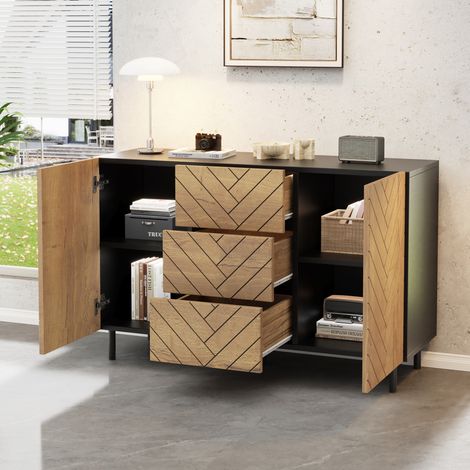 Buffet en panneaux de particules de 120 × 40 × 76 cm, meuble de rangement moderne avec 3 tiroirs et 2 placards pour salon, casiers, commode, coiffeuse, commode (1/4)