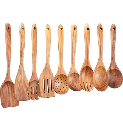 Juego de utensilios de cocina de madera, juego de 9 piezas de cucharas de madera para cocinar, utensilios de cocina de madera, cucharas de madera para (1/4)
