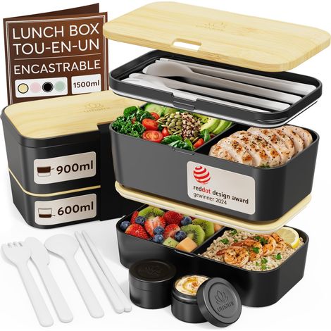Lunch Box Bento, Tout en-1 avec Couverts, Étanche, Encastrable, (1/5)