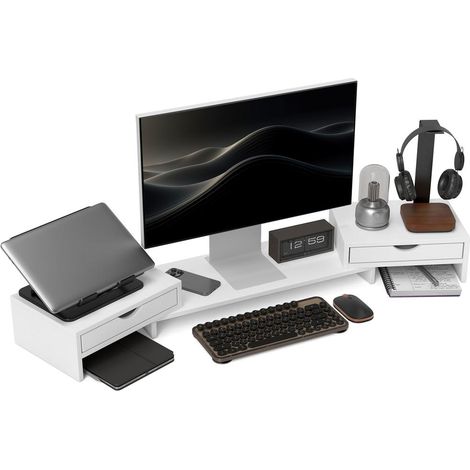Rehausseur écran PC extensible 60-116 cm support écran ordinateur avec 2 tiroirs angle ajustable pour moniteur jusqu'à 24 pouces (1/5)