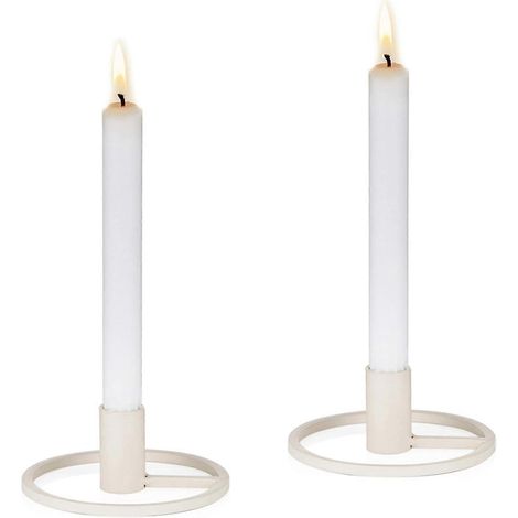Bougeoirs, chandeliers coniques, lot de 2 bougeoirs rétro blancs, bougeoir décoratif en métal et fer, candélabre géométrique vintage. (1/5)