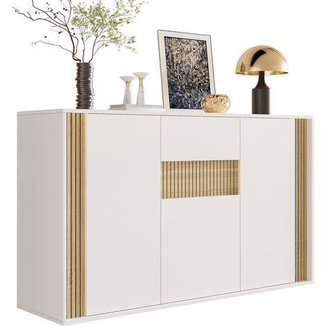Buffet bas avec 3 portes, 1 tiroir, LED réglable et finition blanc bois clair, meuble de rangement pour salon, entrée ou salle à manger, style moderne – CHICFURN (1/5)