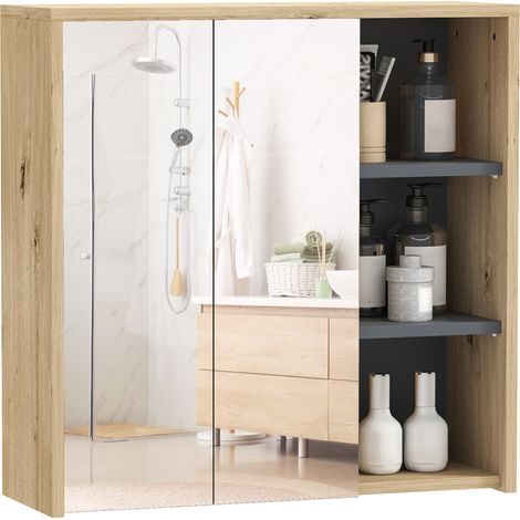 Mobiletto da bagno Irovami, effetto legno, 60x60x20 cm, 5 ripiani, specchio, montaggio a parete per articoli da toeletta