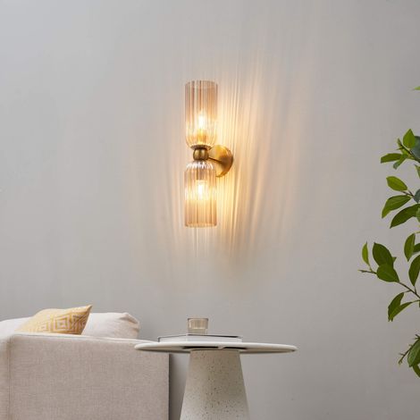 Kosilum – Applique murale LED double verre texturé ambré – Socle doré – Diffusion lumière E14 – Reflets muraux subtils (1/5)