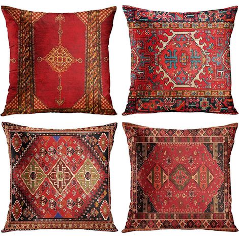 4 Piece Set Vintage Red Floral Turkish Persian Rug Linen Cushion Cover Home Cushion Cushion Pillow Cover Geometric Persian Kilim Home Decor 4 Piec