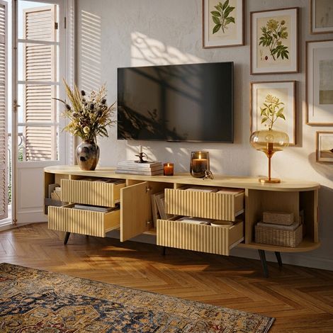 Meuble TV ovale 180 x 40 x 45 cm, couleur bois, motif à rayures verticales, 4 tiroirs et 1 placard, porte coulissante, meuble TV bas, meuble de salon, compatible avec les téléviseurs jusqu'à 80 pouces (1/5)