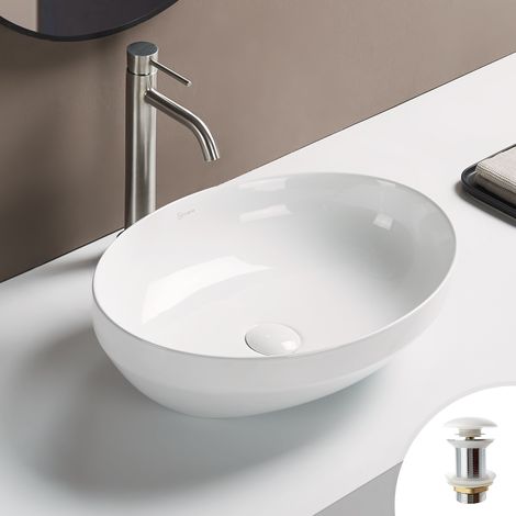 Vasque à poser ovale 50x36cm en céramique blanc brillant + bonde pop-up incluse collection OPERA (1/5)