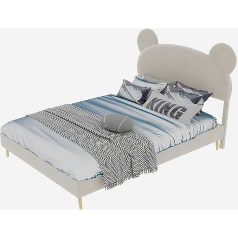 Lit Enfant 2 Places 140 x 200 cm en Tissu et Métal, Tête de Lit Ourson, Sans Matelas, Beige (1/5)