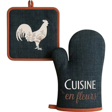 Gant et manique de cuisine 20 x 20 cm Coq et fleurs