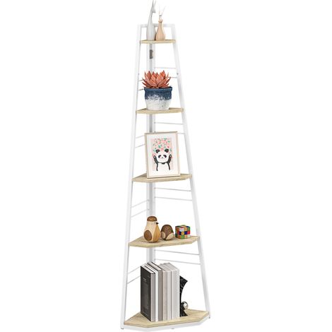 Étagère d’angle 5 niveaux design compact, finition bois naturel