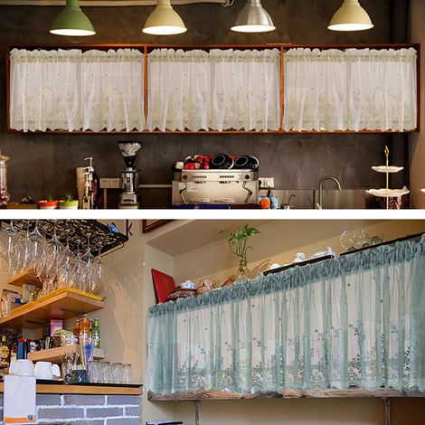 Petit rideau de cuisine/café, finition fraîche, avec tringle et dentelle. (1/5)