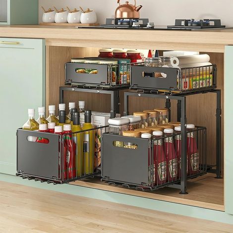 Organiseur Cuisine sous-Évier Coulissant Réglable Noir Lot de 2 (1/5)