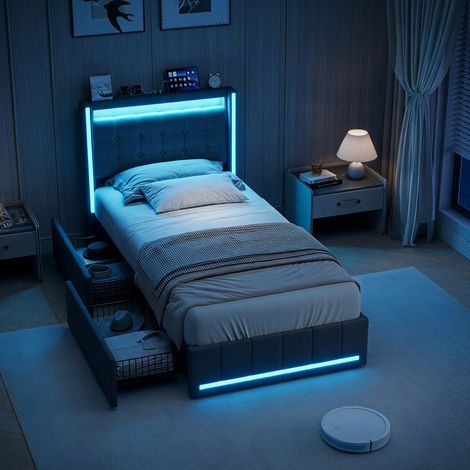 Letto con cassetti 90x200 cm letto singolo imbottito in lino con led e porta usb tipo-c stile moderno beige (1/5)