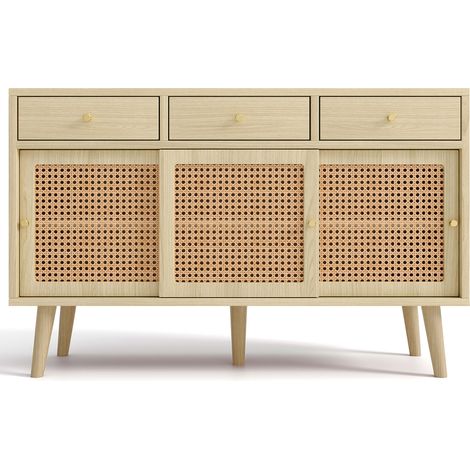 Aparador con 3 Cajones y 3 Puertas Correderas, Frentes de Ratán, Estantes Ajustables, Roble, 120×40×78 cm (1/5)