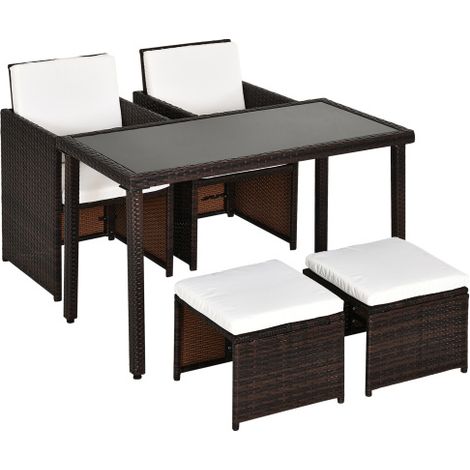 2-Seater Rattan Cube Outdoor Dining Set with Cushions, Rectangular Glass Top Table, 2 Armchairs and 2 Stools for Patio and Balcony, Brown
