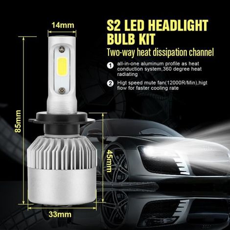Ampoule H7 - LED S2 COB - 20000 LM - 200 W - 6500 K - Refroidissement Par Ventilateur - IP65 - Pour Voiture - Lot De 2 (1/4)