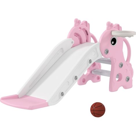 Scivolo per bambini 3 in 1, a forma di giraffa, con canestro e palla da basket, rosa (1/5)